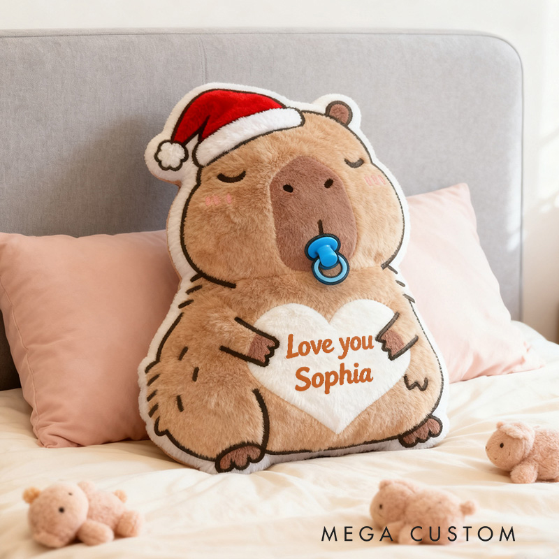 Personalized Christmas Kapibala Name Custom Kids Gift Cute Santa Hat Soft Cozy Holiday Love Decorative Graphic 3D Print Pillow
