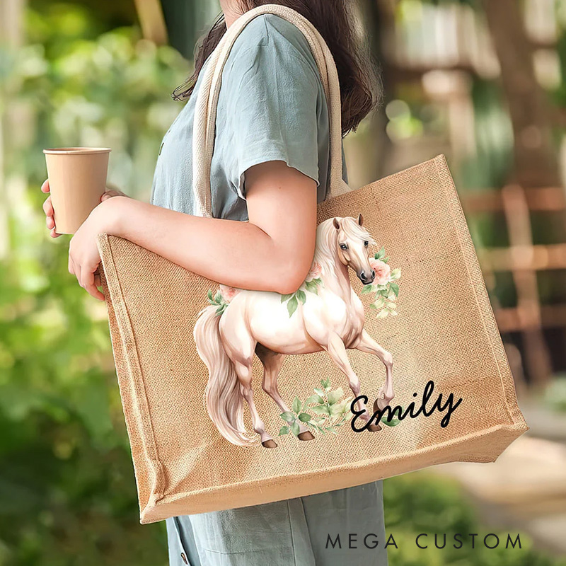 Personalized Floral Horse Reuseable Jute Tote Bag with Name Birthday Christmas Gift for Riding Lovers Equestrian Lovers