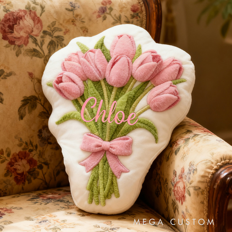 Personalized Pink Tulip Bouquet Custom Name Soft Decorative Gift Floral Spring Style Cozy Home Garden Fresh Lovely Elegant Bloom Magic Graphic 3D Print Pillow