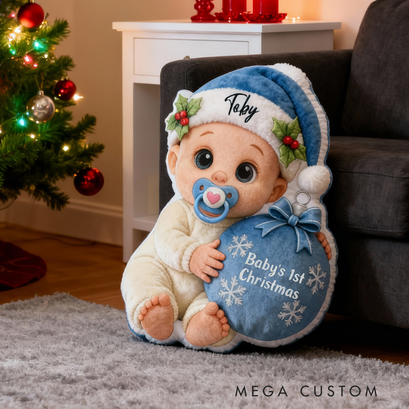 Personalized Baby Girl Baby Boy First Christmas Cushion With Pink Hat And Ornament Graphic 3D Print Pillow