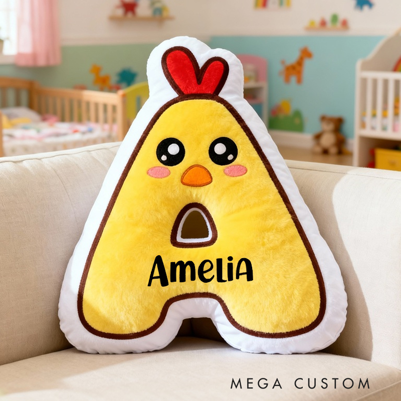 Personalized Chick Letter Name Custom Soft Decorative Gift Cute Animal Style Fun Yellow Cozy Playful Nursery Adorable Farm Cartoon Warm Plush Graphic 3D Print Pillow
