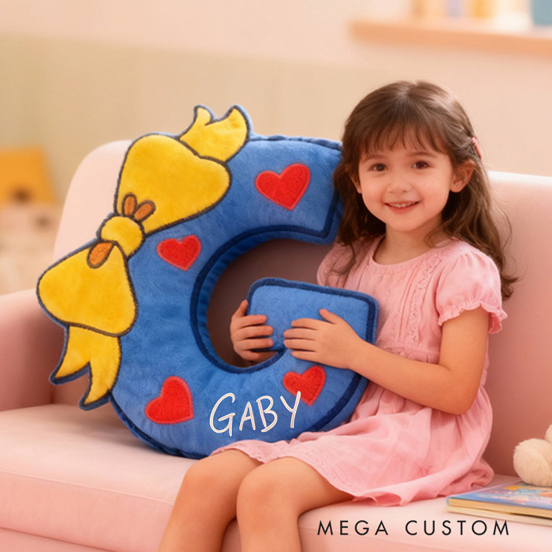 Personalized Letter Name Custom Soft Decorative Gift Blue Yellow Bow Style Cute Heart Cozy Fun Playful Lovely Kids Room Sweet Adorable Plush Decor Graphic 3D Print Pillow