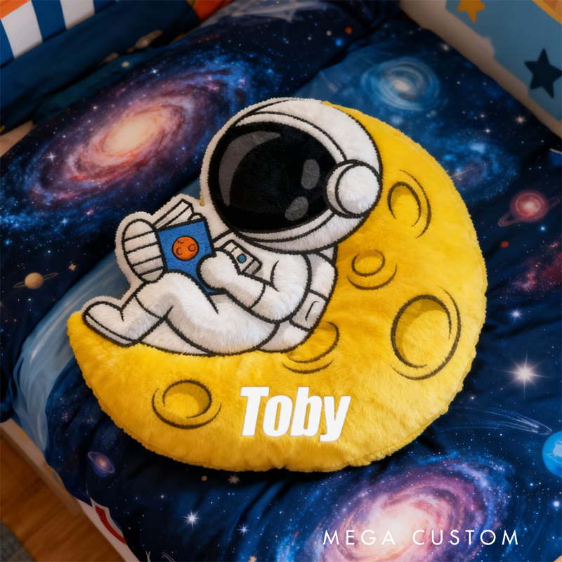 Personalized Astronaut Moon Name Custom Soft Decorative Gift Space Adventure Style Fun Playful Cozy Kid Room Dream Galaxy Rocket Star Planet Cosmic Graphic 3D Print Pillow