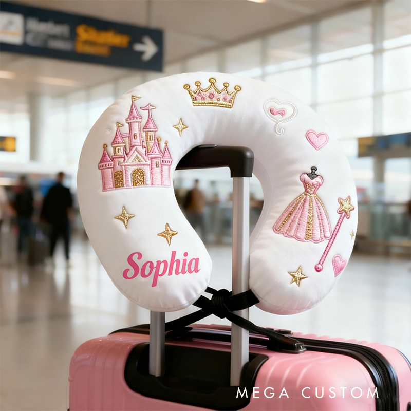 Personalized Princess Castle Crown Custom Name Soft Decorative Gift Fairytale Style Cozy Nursery Room Dream Pink Magic Comfort U-Shaped Pillow