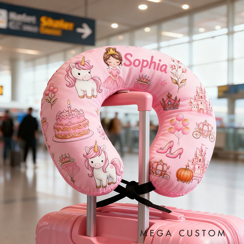 Personalized Princess Crown Custom Name Soft Travel Gift Fairytale Style Cozy Airplane Comfort Pink Magic Dream Cute U-Shaped Pillow