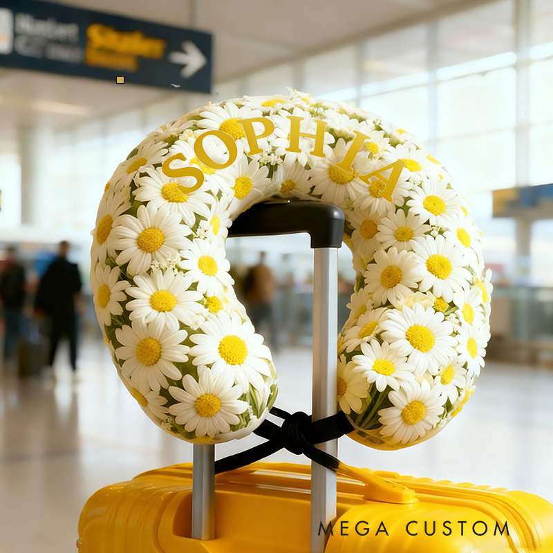 Personalized Daisy Flower Pattern Custom Name Soft Travel Gift Spring Style Cozy Airplane Comfort Bright Yellow Fresh Nature U-Shaped Pillow