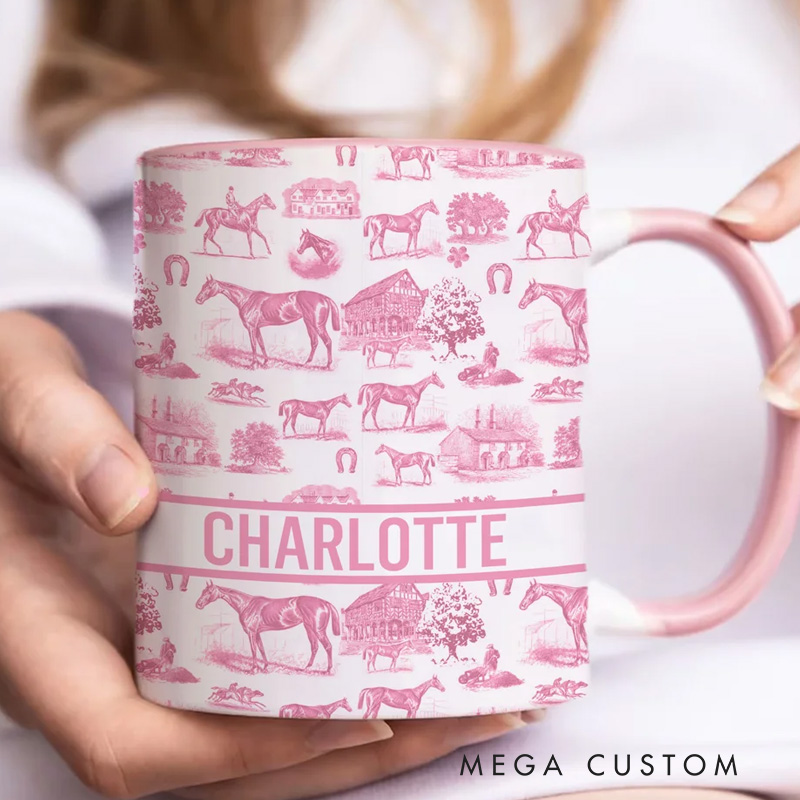 Personalized Multicolor Equestrianism Pattern Ceramic Coffee Mug with Text and Coaster Anniversary Birthday Gift for Equestrians Cowgirls Riding Lovers