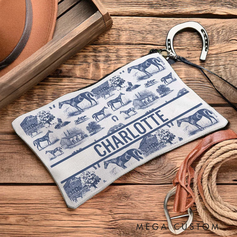 Personalized Equestrian Pattern Linen Makeup Bag with Name Birthday Gift for Women Riding Lovers