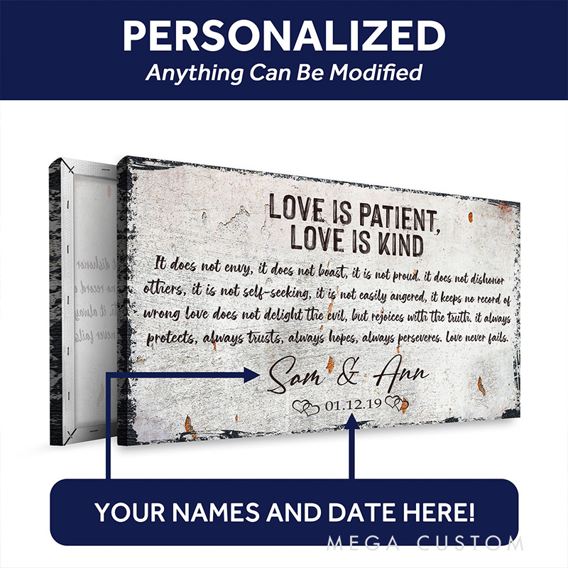 Personalized Love is Patient Love is Kind Canvas Painting with Couple Names Date Religious Gift Wedding Anniversary Gift Valentine Gift for Couple