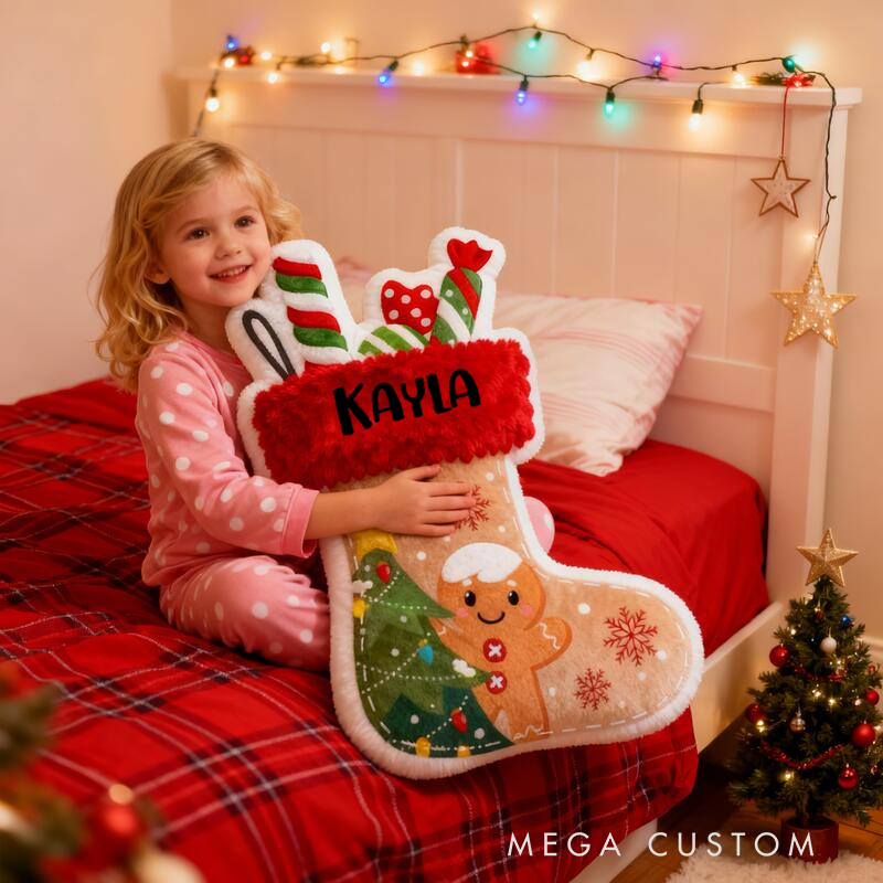 Personalized Cute Gingerbread Man Christmas Stocking with Name Graphic 3D Print Pillow Christmas Gift for Kids or Baby Birthday Gifts