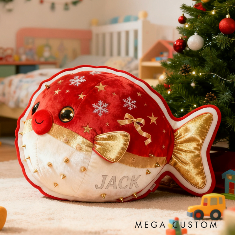 Personalized Christmas Red Pufferfish with Name Graphic 3D Print Pillow Christmas Gift for Kids Birthday Gift