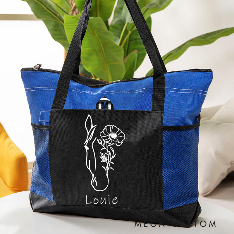 Personalized Horse Birth Flower Oxford Large Tote Bag with Name Travel Essentials Birthday Gift for Riding Lovers