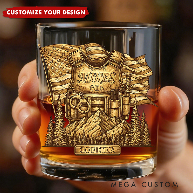 Personalized Police Officer Whiskey Glass and Decanter Set | Custom Name Badge & Gear Design Gift for Law Enforcement