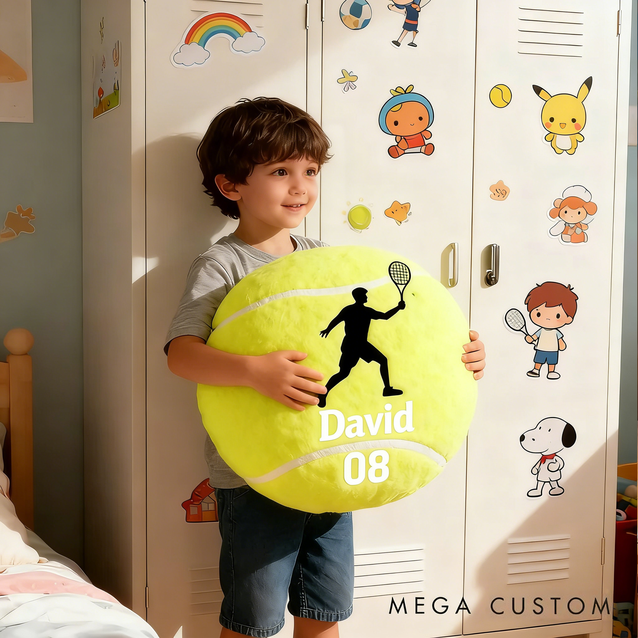 Personalized Tennis Ball Pillow with Player Graphic and Custom Details for Sports Fans