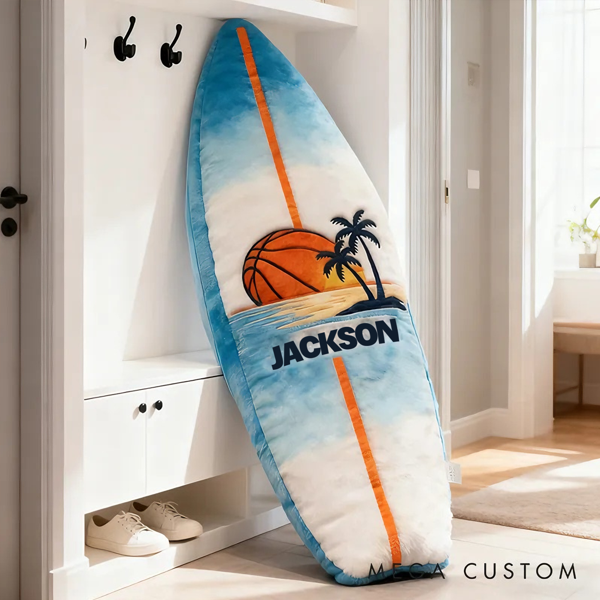 Personalized Surfboard Basketball Pillow with Custom Name for Beach Lovers and Basketball Lovers
