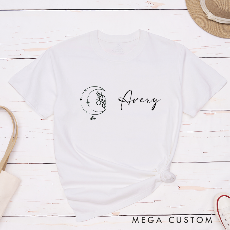 Personalized Leo Zodiac T-Shirt Classic Unisex Astrology Moon Floral Custom Gift for Horoscope Lovers Birthday Present for Him or Her