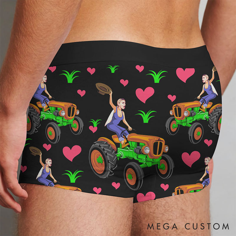 Personalized Girlfriend Wife Face Farmer Men Plow Me Boxer Briefs Men Underwear with Woman Face Photo Valentines Day Gift for Boyfriend Husband