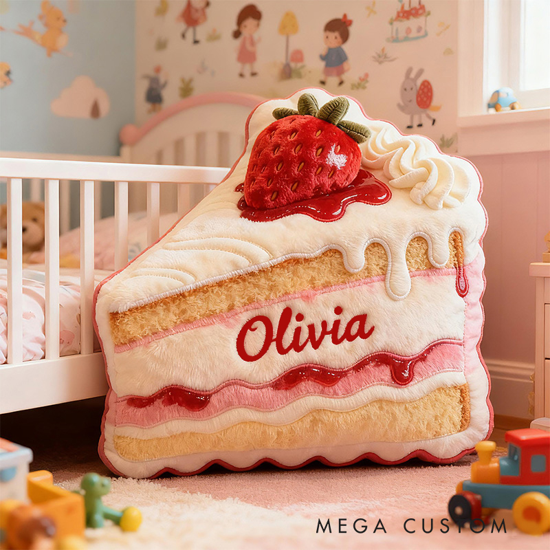 Personalized Strawberry Cake Slice Custom Name Soft Decorative Gift Sweet Bakery Style Cozy Home Dessert Pink Lovely Fun Magic Graphic 3D Print Pillow