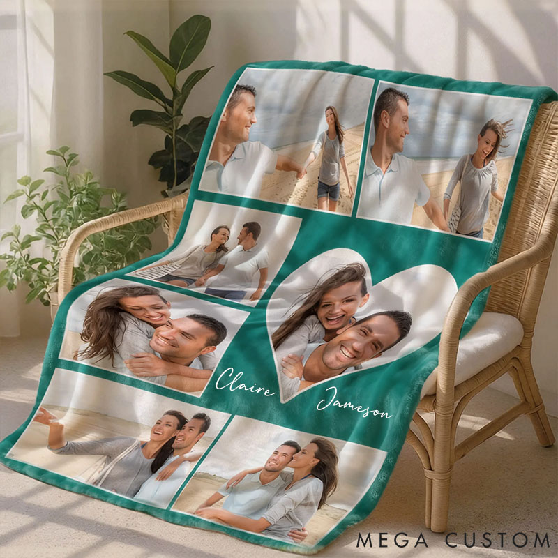 Personalized Heart Couple Photos Soft Throw Blanket Valentine's Day Anniversary Gift for Couple Custom Photo Collage Blanket for Couple