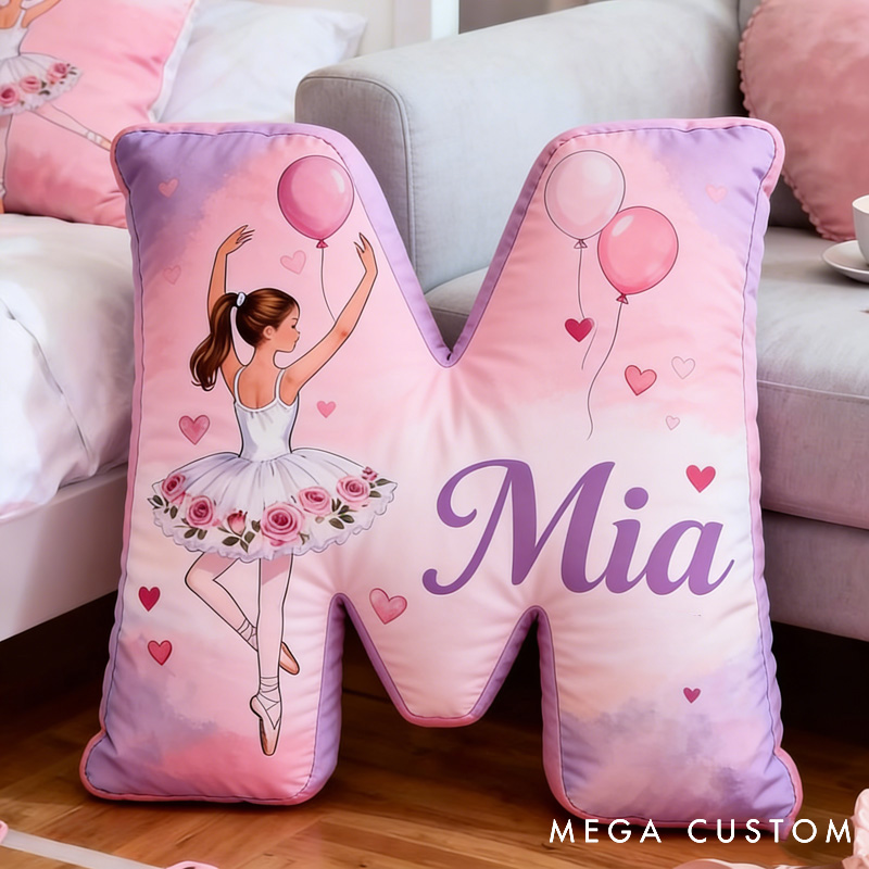 Personalized Ballet Dancers Hearts and Balloons Letter Pillow with Name Soft Stuffed Toy for Kids and Lover Unique Decorative Cushion for Girls' Room for Valentine's Day Anniversary
