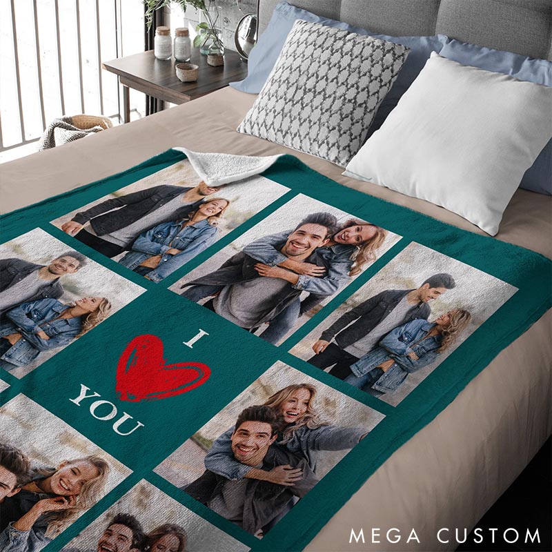 Personalized I Love You Photos Collage Soft Throw Blanket Custom Home Decor Blanket for Couples Valentine's Day Anniversary Gift Blanket