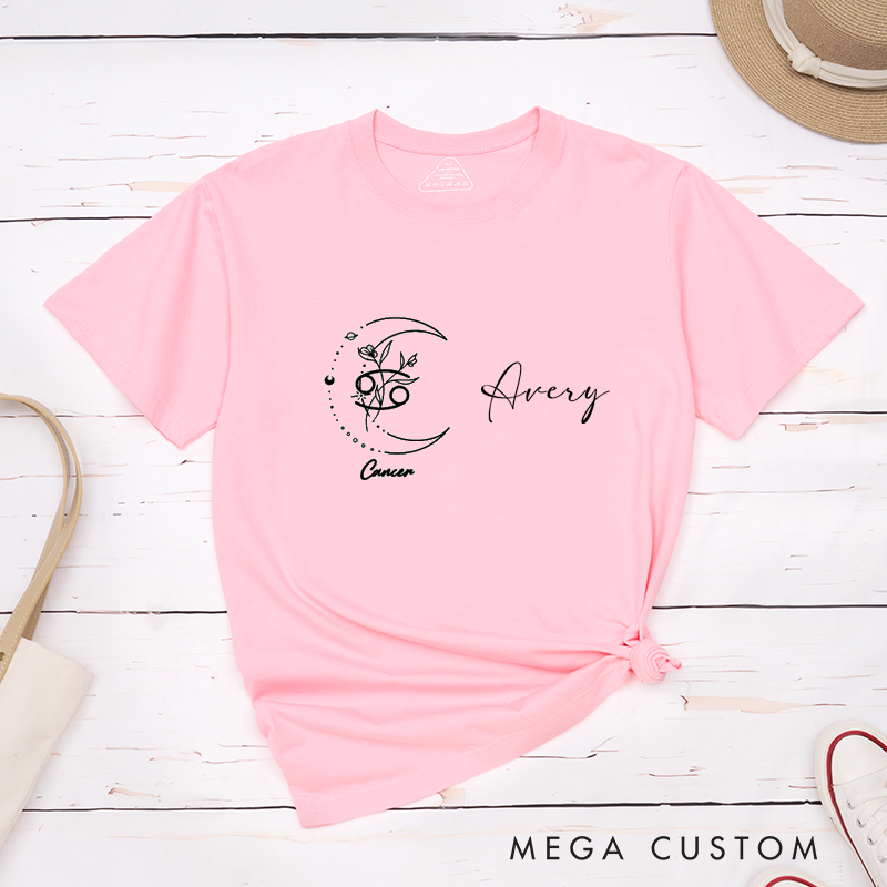 Personalized Cancer Zodiac Symbol Classic T-Shirts Custom Name Moon Floral Astrology Sign Birthday Gift Unisex Horoscope Shirt for Men and Women