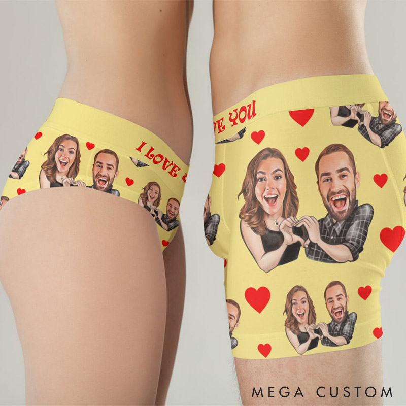 Personalized Couple Face Matching Boxer Brief Men Women Compare Heart Underwear with Couple Face Photo Anniversary Valentines Day Gift for Him Her
