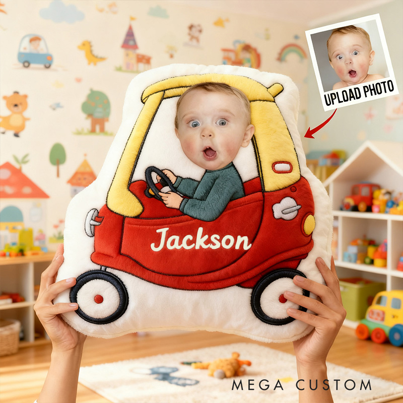Personalized Car Pillow with Custom Photo and Name Featuring Fun Vehicle Design for Kids and Playful Decor Pillow
