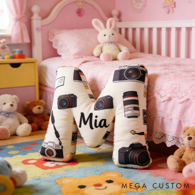Personalized Camera Letter Pillow with Your Own Name and Initials Soft Stuffed Toy for Kids and Photographers Unique Decorative Cushion for Room and Studio
