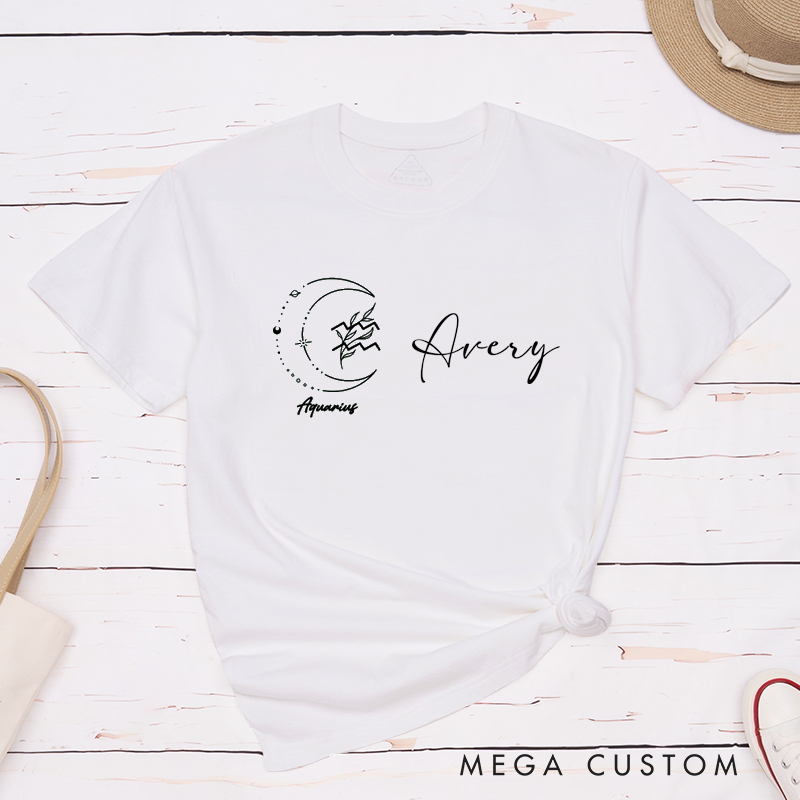 Personalized Aquarius Zodiac Sign Classic T-Shirts Custom Name Gifts for Astrology Lovers Unisex Unique Horoscope Shirt Birthday Present