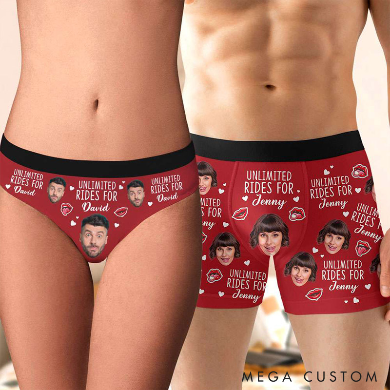 Personalized Couple Face Matching Boxer Brief Men Women  Unlimited Rides For Underwear with Couple Face Photo Anniversary Valentines Day Gift