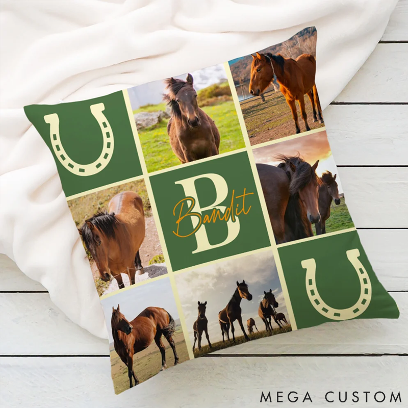 Personalized Pet Lover ine-Square Grid Photo Collages Horseshoe Throw Pillows
