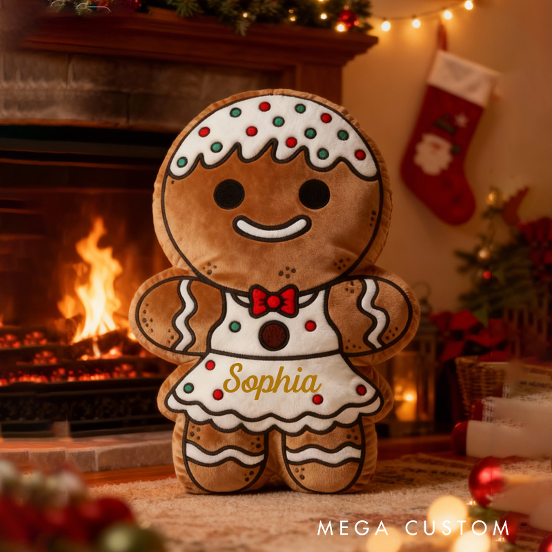 Personalized Gingerbread Man Throw Pillow Graphic 3D Print Christmas Pillow with Name for Kids Boys Girls Family Baker Gift 