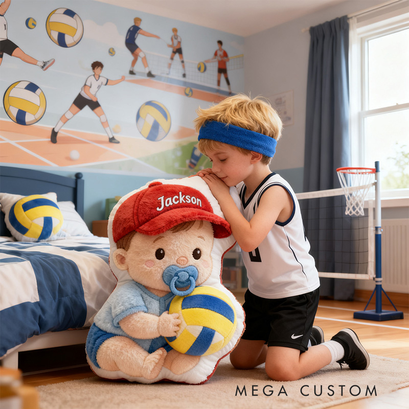 Personalized Baby Boy Name Custom Kids Gift Cute Red Hat Balls Blue Outfit Soft Playful Decorative Graphic 3D Print Pillow