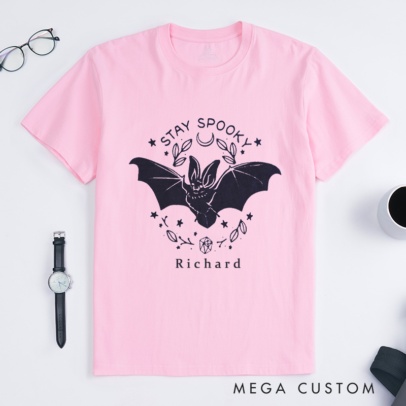 Personalized Stay Spooky Bat Classic T-Shirts Custom Halloween Gift Unique Gothic Graphic Tee Unisex Casual Top Personalized Name Present