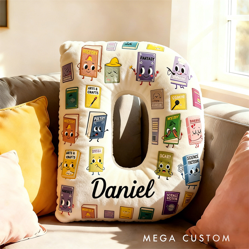 Personalized Book Genres Alphabet Throw Pillow Graphic 3D Cozy Bookish Pillow with Name for Kids Bookworm Librarian Christmas Throw Pillow Bookish Gift