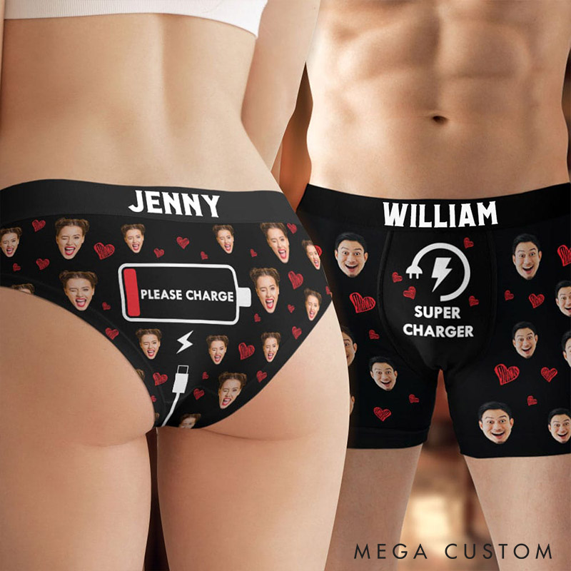 Personalized Couple Face Matching Boxer Brief Men Women Please Charge and Super Charger Underwear with Couple Face Photo Valentines Day Gift