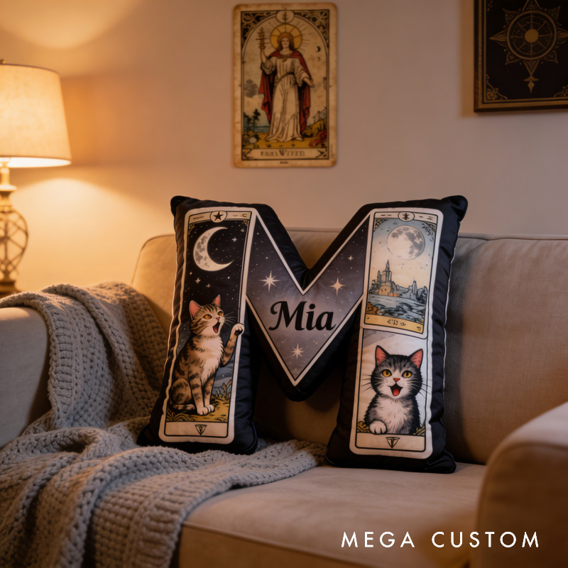 Personalized Magic Cat Tarot Letter Pillow Decorated with Name for Kids Magic Lovers and Pet Lovers