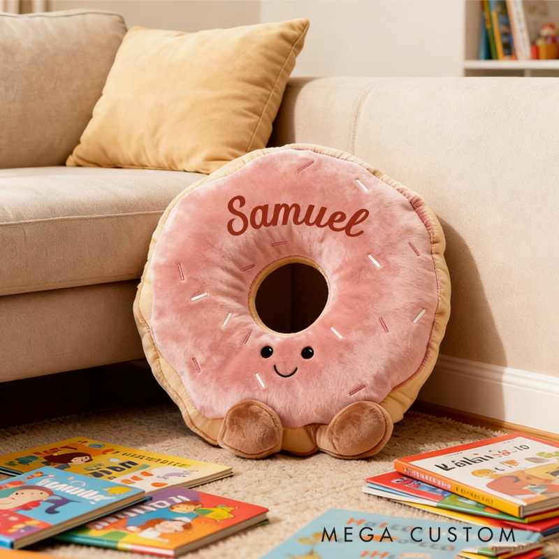 Personalized Sitting Donut Throw Pillow Graphic 3D Print Pink Donut Pillow with Name for Kids Boys Girls Baker Gift 