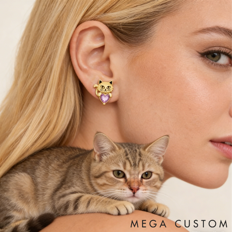 Personalized Heart-Shaped Birthstone Stud Earrings with Cat Motif Sterling Silver Jewelry Gift for Her