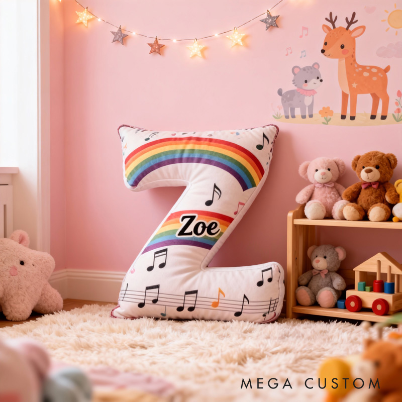 Personalized Rainbow Musical Note Letter Pillow with Name Soft Stuffed Toy for Kids Music Lovers Unique Decorative Cushion for Girls' Room