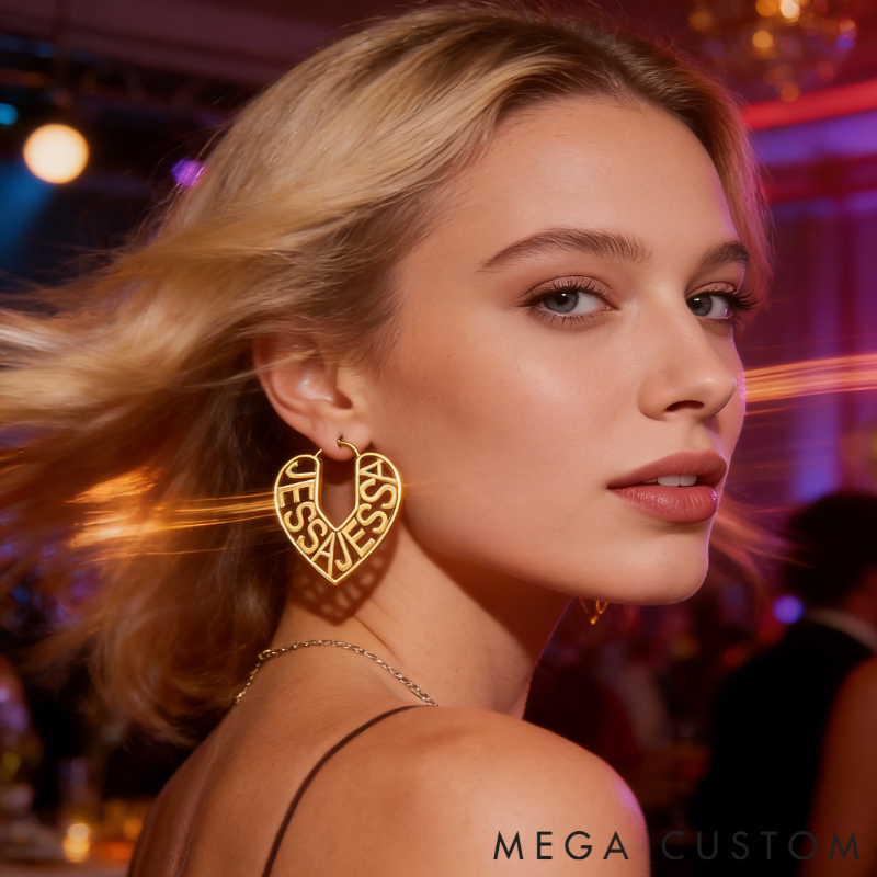 Personalized Custom Name Engraved Heart Outline Dangle Earrings