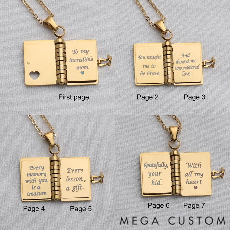 Personalized "Best Mom" ​​Book Necklace - Mini Message Pendant Adjustable Chain Gift for Mom
