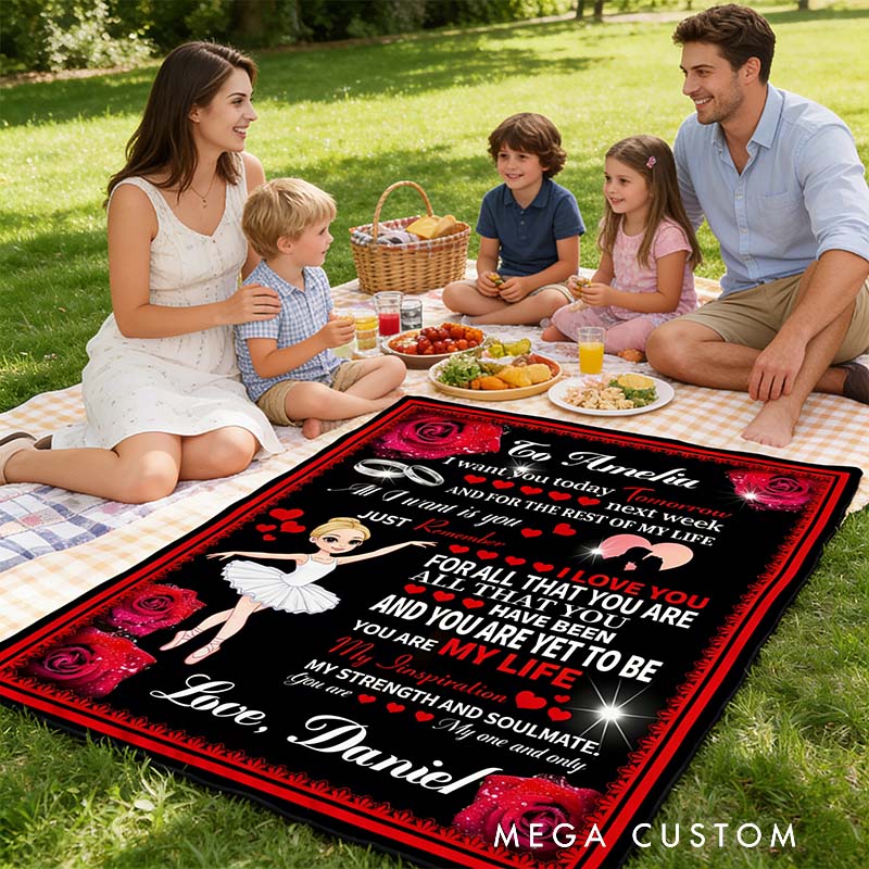 Personalized Rose Heart Cartoon Character Soft Throw Blanket with Name and Photo Valentine's Day Anniversary Gift Gift for Ballet Dancer Family Lover Friends