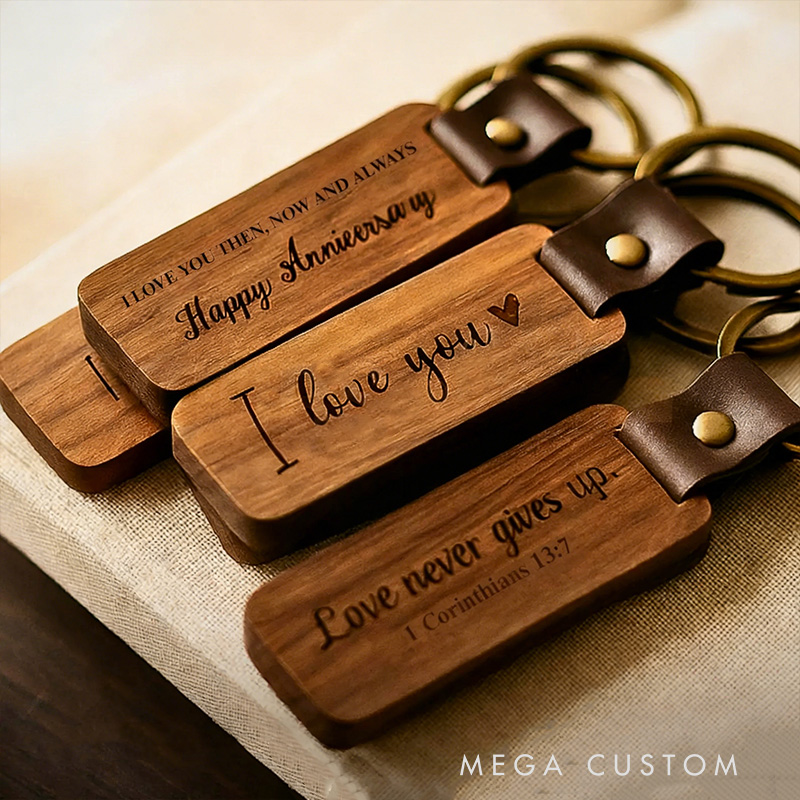 Personalised Wooden Keychain  Valentine's Day Gift for couple keychain Bar Round Wood Keys Ring Wood Handmade Gift for Boyfriend Dad Boyfriend Keychain Anniversary