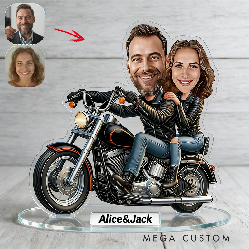 Personalized Motorcycle Couple Acrylic Figurine Custom Cartoon Portrait Biker Gift Photo to Caricature Bike Lovers Desk Decor