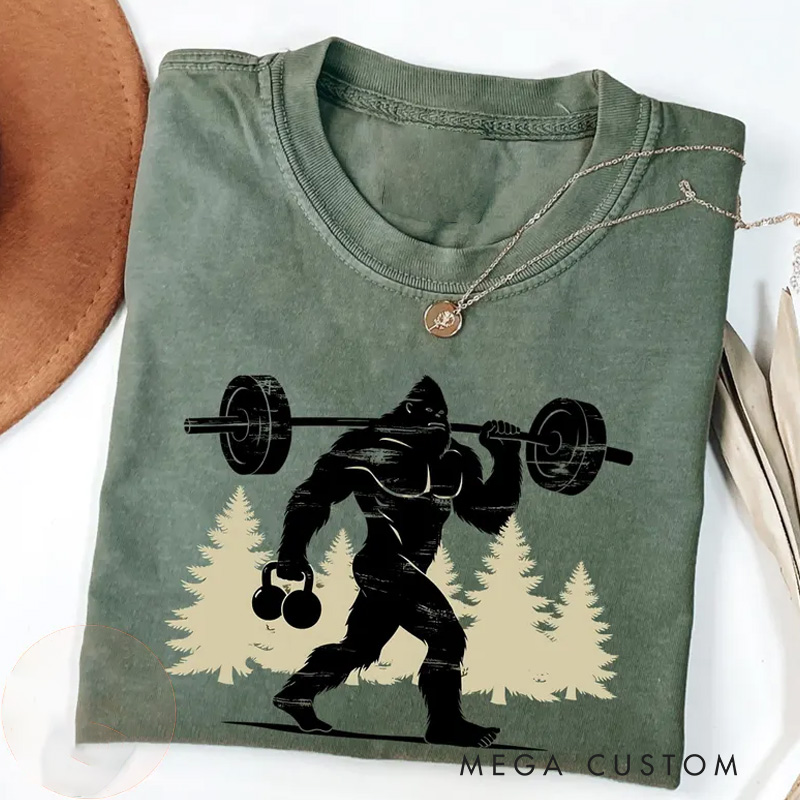 Personalized Gym Washed T-Shirts Bigfoot Weight Lifting Shirt Funny Sasquatch Shirt for Fitness Enthusiasts Bodybuilders and Gym Lovers