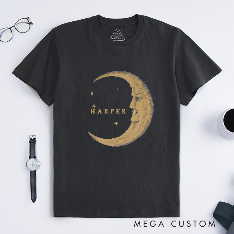 Personalized Moon Face Vintage Classic T-Shirts Custom Name Celestial Graphic Unisex Gift for Birthday Anniversary Unique Present for Him or Her 