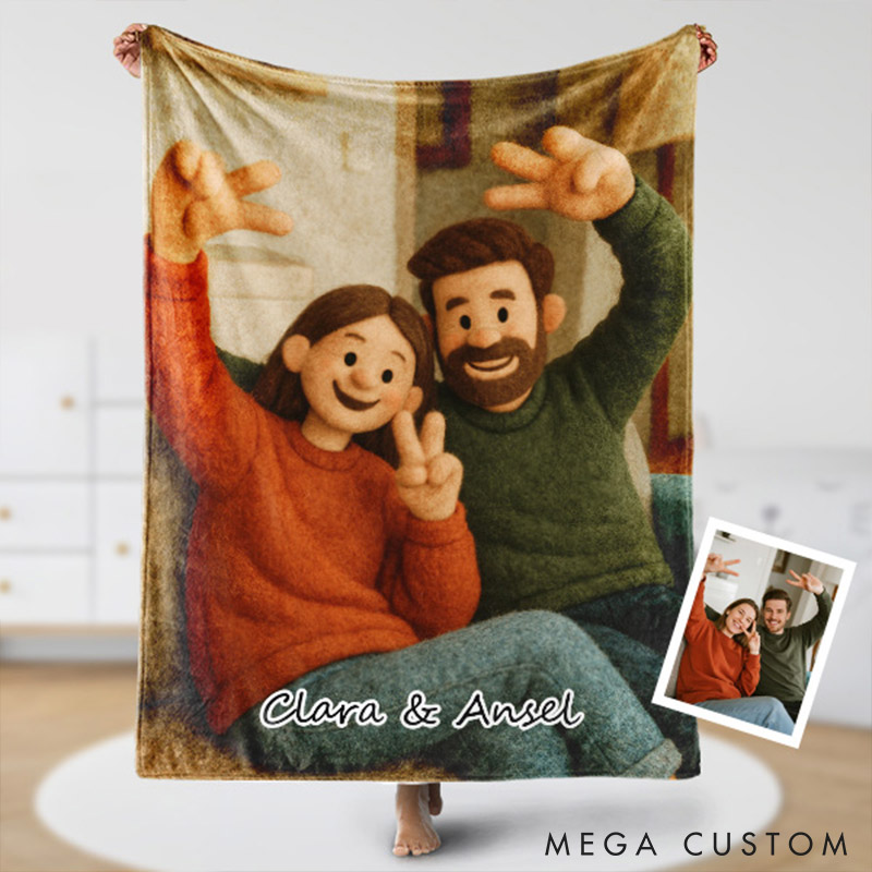 Personalized 3d Effect Wool Felt Style Blanket With Photo and Name Custom Cartoon Blanket for Couple Valentine's Gift or Couples