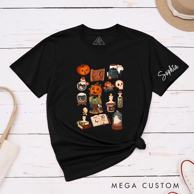 Personalized Cute Ghost Skull Classic T-Shirts Custom Halloween Spooky Unisex Gift for Friends and Family Retro Scary Party Shirt